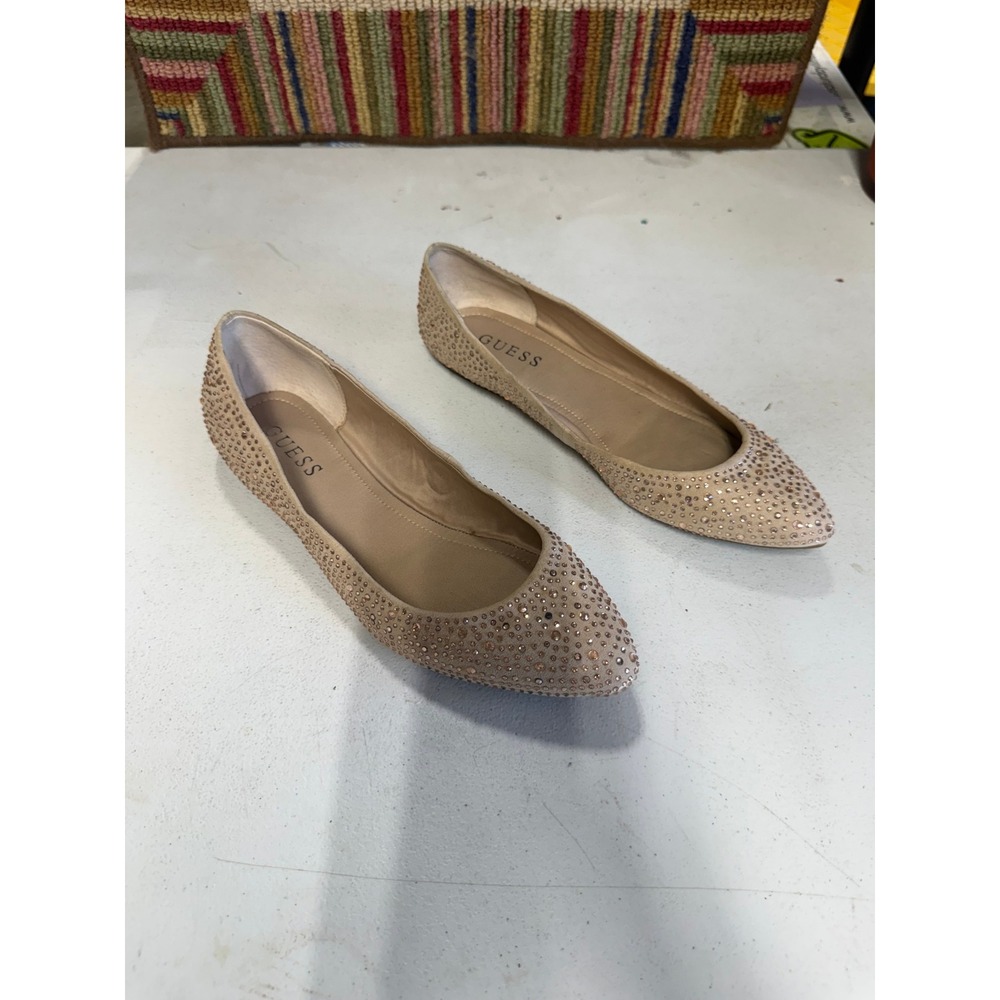Guess Womens Rhinestone Embellished Pointed Toe Ballet Flats Tan Nude Size 8.5 M